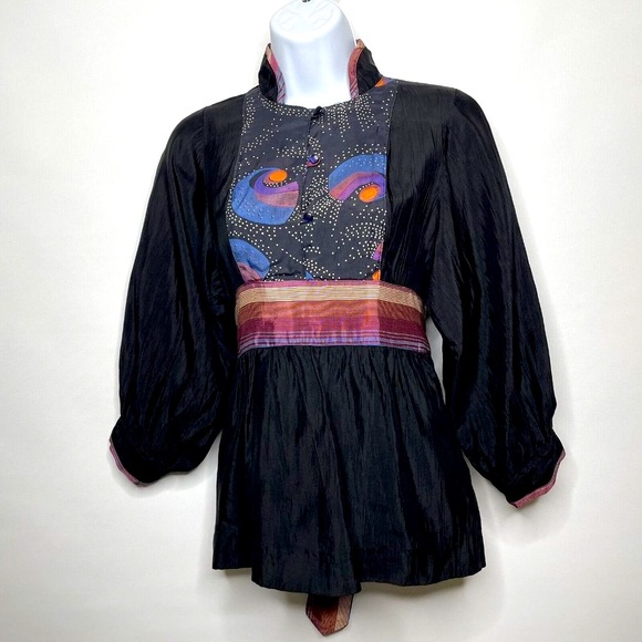 Sharon's World Tops - Vintage 70s Sharon's World Black Satin Balloon Sleeve Peasant Blouse Top